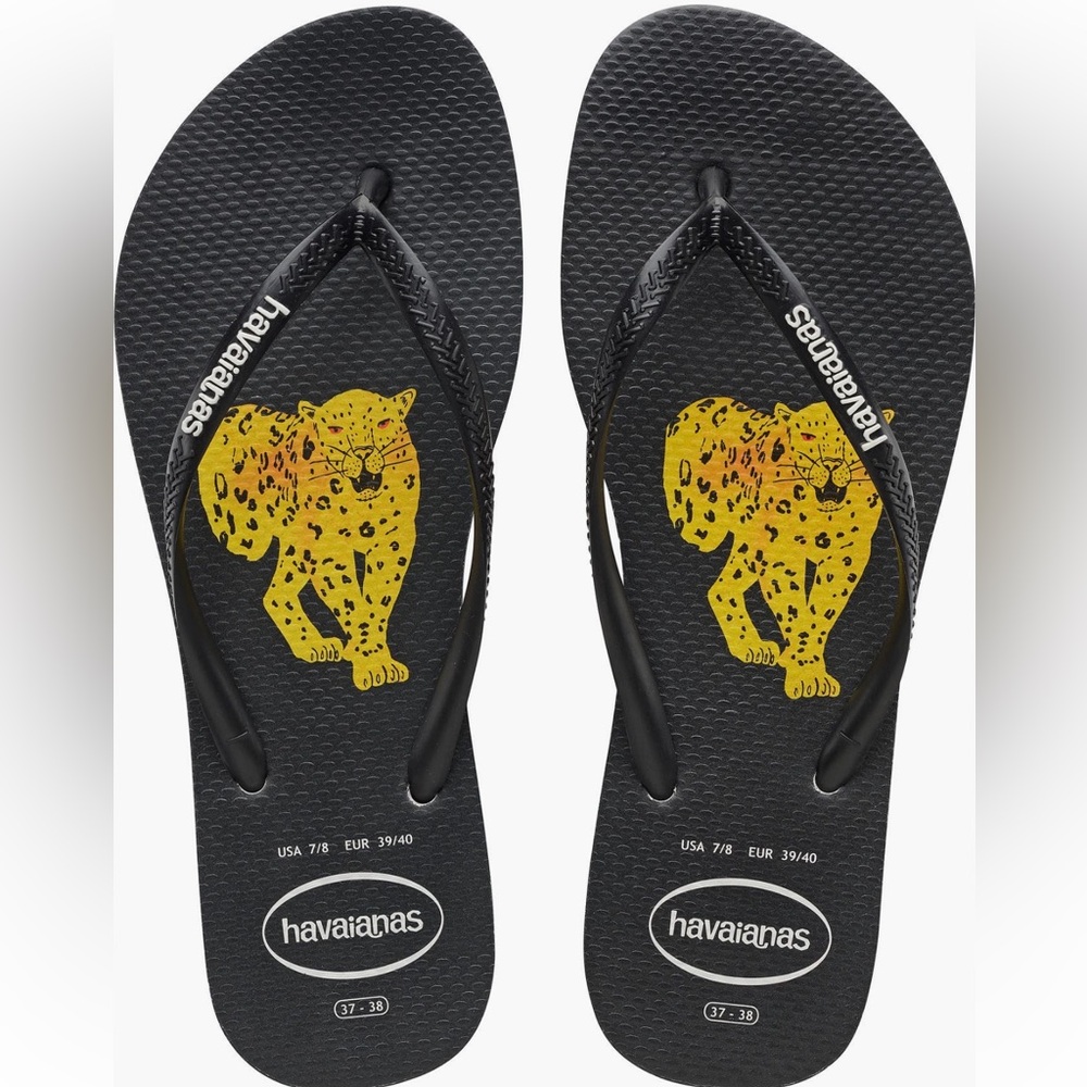 Havaianas Black Flip Flops with Leopard Design